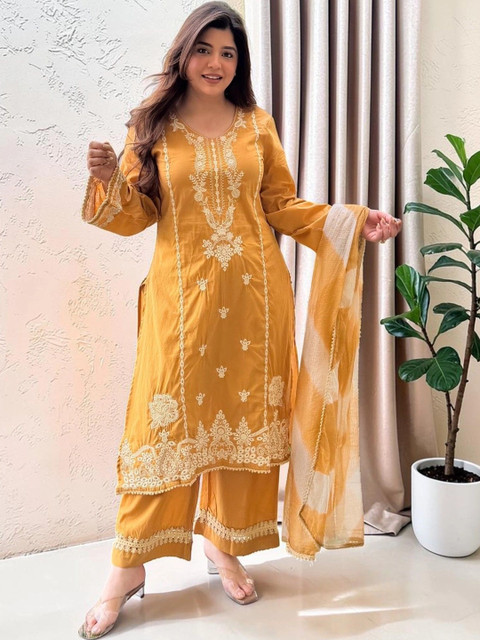 all about you Women Ethnic Motifs Embroidered Regular Thread Work Kurta with Palazzos & With Dupatta - Image 6