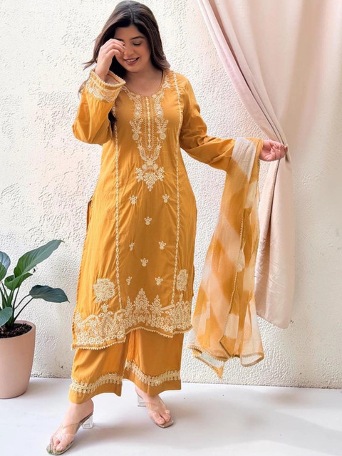 all about you Women Ethnic Motifs Embroidered Regular Thread Work Kurta with Palazzos & With Dupatta