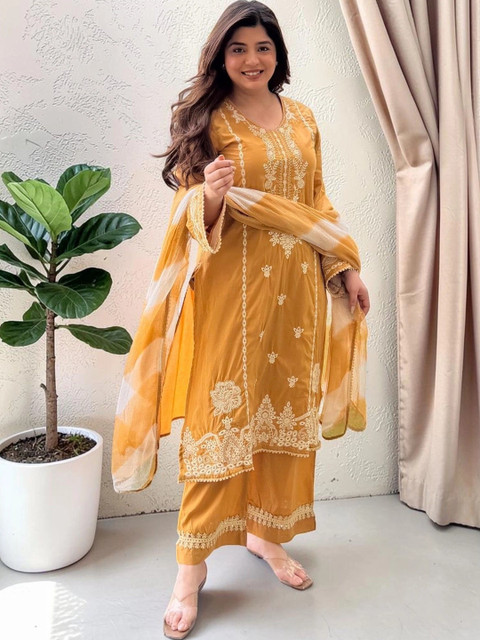 all about you Women Ethnic Motifs Embroidered Regular Thread Work Kurta with Palazzos & With Dupatta - Image 2