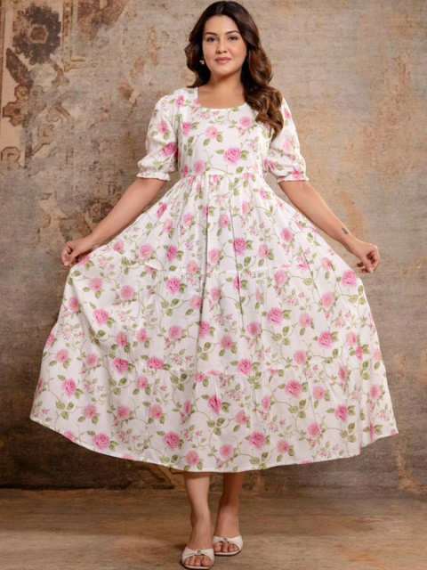 DEVEK Floral Print Puff Sleeve Maternity A-Line Midi Dress