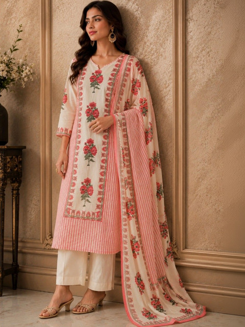 House of Pataudi Women Floral Printed Regular Thread Work Pure Cotton Kurta with Palazzos & With Dupatta