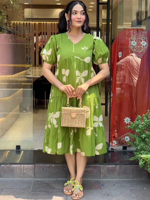 KASIBAA Floral Print Puff Sleeve A-Line Dress