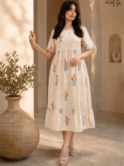 KASIBAA Floral Print A-Line Midi Dress