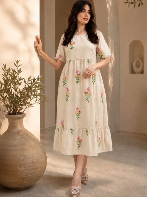 KASIBAA Floral Embroidered A-Line Midi Dress