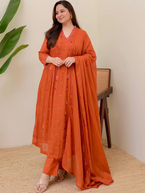 KALINI Women Floral Embroidered Regular Thread Work Kurta with Trousers & With Dupatta - Image 5