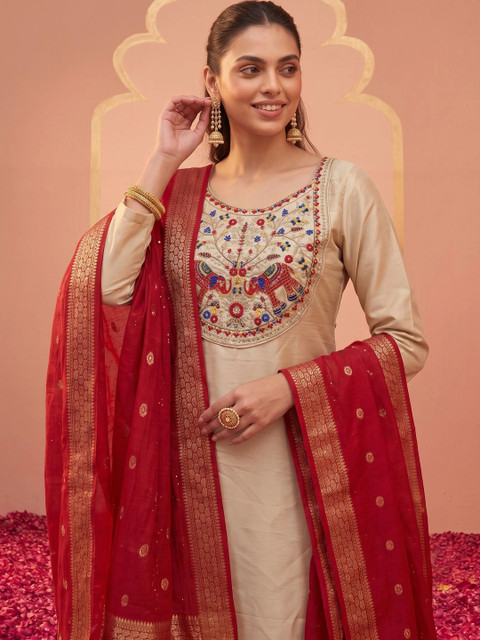 SDK FASHION Women Ethnic Motifs Embroidered Regular Thread Work Kurta with Trousers & With Dupatta