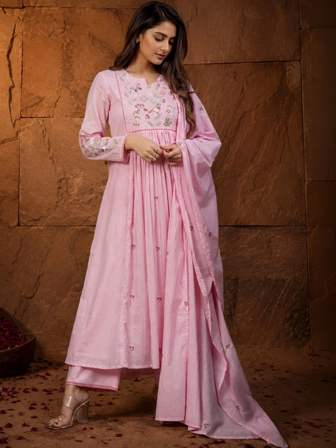 House of Pataudi Women Floral Embroidered Empire Thread Work Kurta with Palazzos & With Dupatta