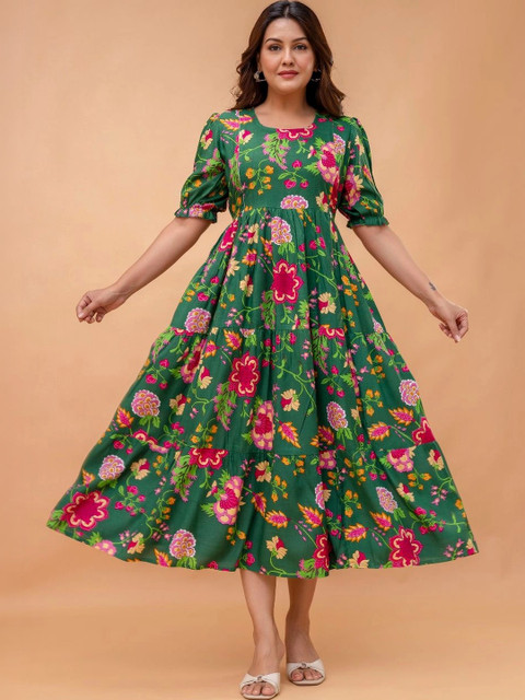 DEVEK Floral Print Puff Sleeve Maternity A-Line Midi Dress