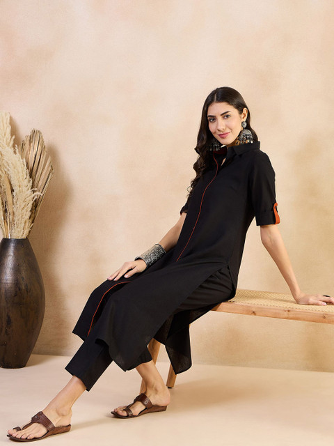 Anouk Black Roll-Up Sleeves Pure Cotton Straight Kurta With Trouser - Image 7