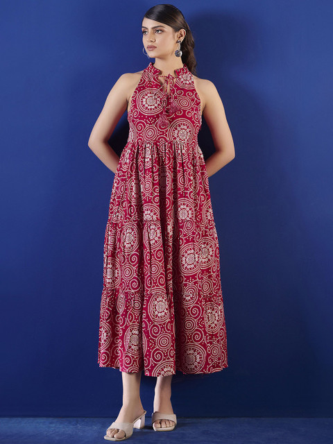 Anouk Women Abstract Printed Tiered Midi Fit and Flare Dress