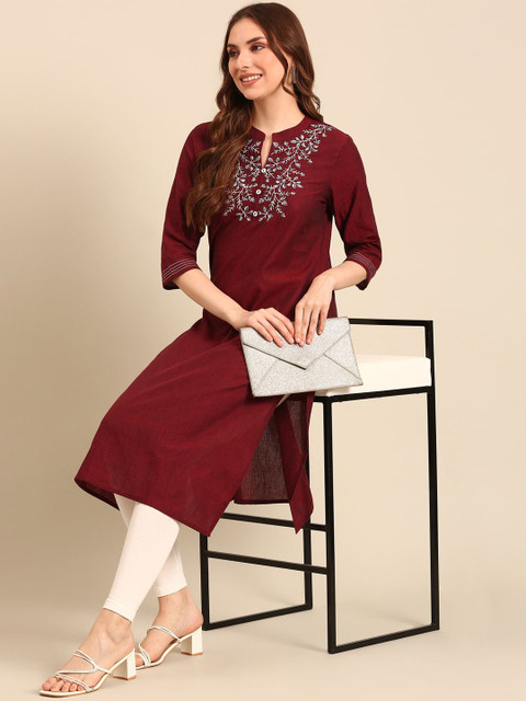 Anouk Notched Neck Thread Work Pure Cotton Straight Kurta - Image 6