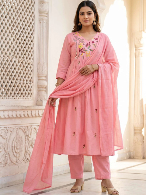 DIZON Women Floral Embroidered Empire Thread Work Pure Cotton Kurta with Trousers & With Dupatta