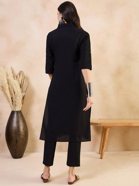 Anouk Black Roll-Up Sleeves Pure Cotton Straight Kurta With Trouser - Image 5