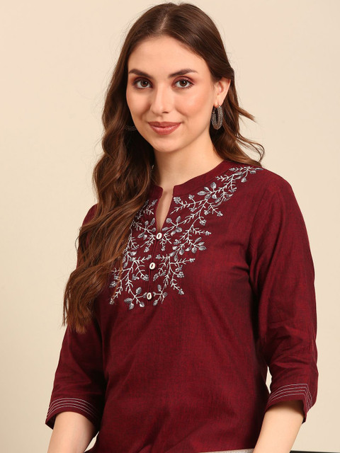 Anouk Notched Neck Thread Work Pure Cotton Straight Kurta