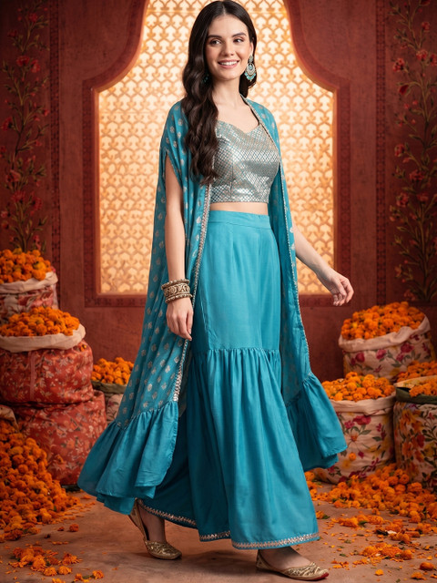 Anouk Printed Crop Top & Sharara Ethnic Co-ords with Shrug