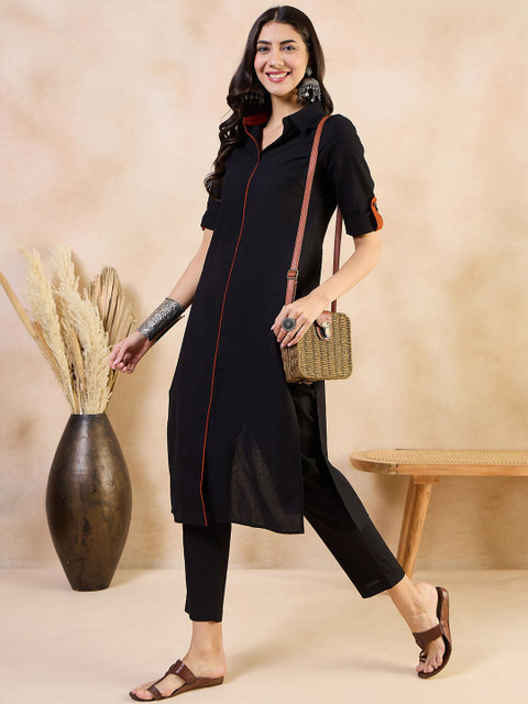 Anouk Black Roll-Up Sleeves Pure Cotton Straight Kurta With Trouser - Image 6