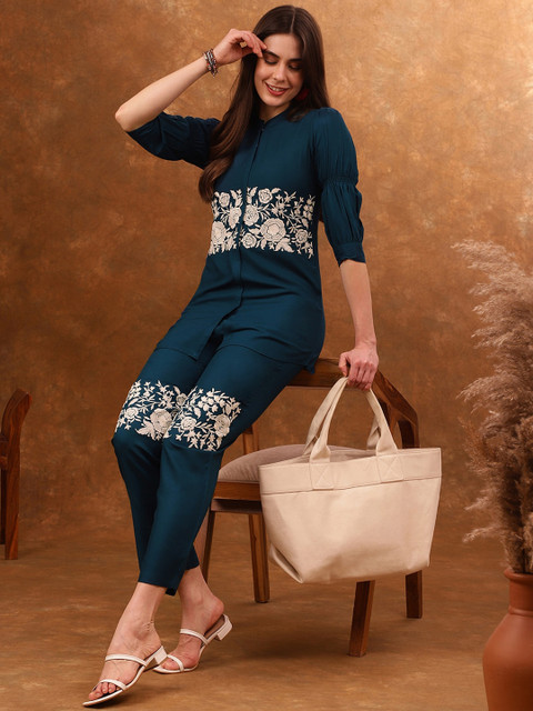 Anouk Blue Embroidered Tunic With Trousers Co-Ords - Image 4