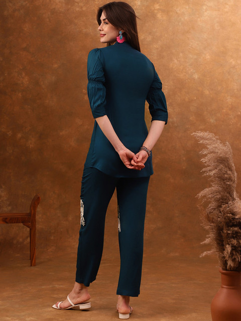 Anouk Blue Embroidered Tunic With Trousers Co-Ords - Image 3