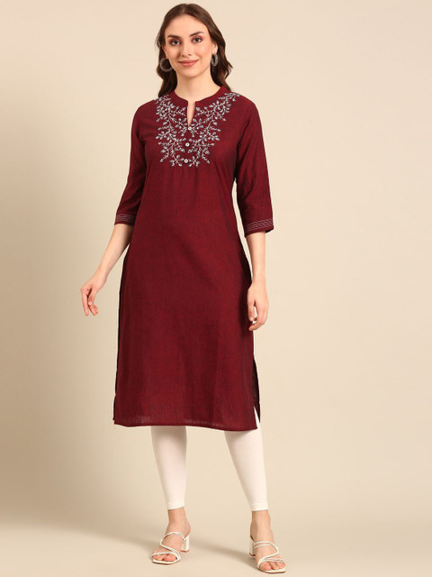 Anouk Notched Neck Thread Work Pure Cotton Straight Kurta - Image 3