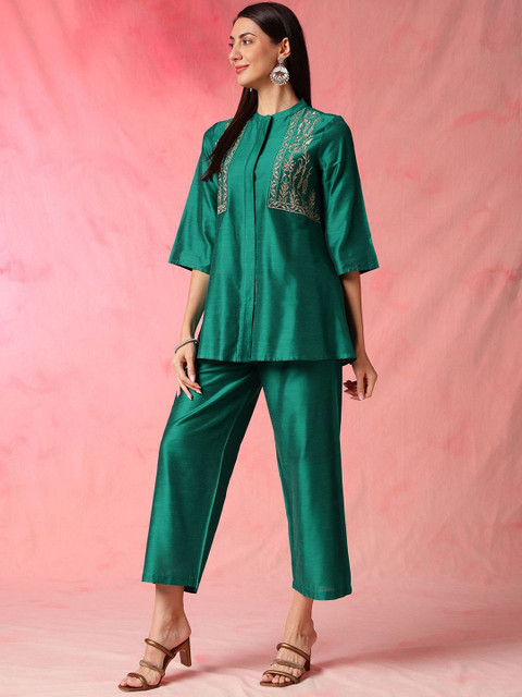 Anouk Women Embroidered Mandarin Collar Kurta With Palazzos Co-Ords Set - Image 3