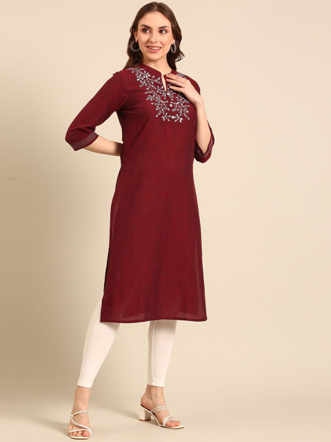 Anouk Notched Neck Thread Work Pure Cotton Straight Kurta - Image 4