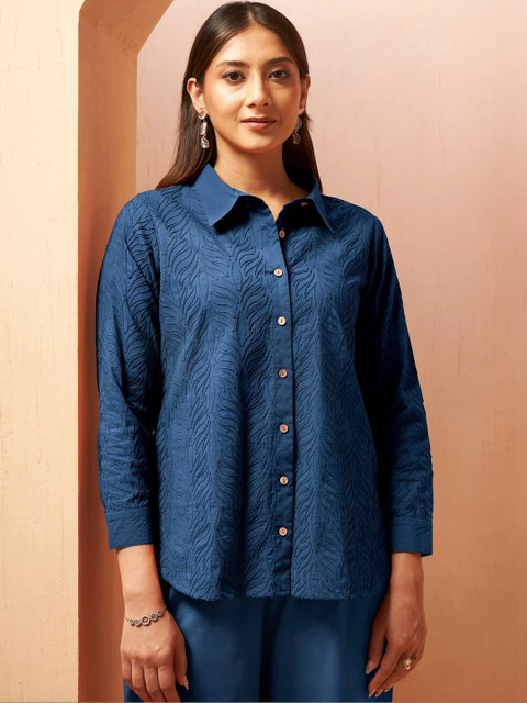 Anouk Schiffli Cotton Self Design Shirt with Trousers - Image 3