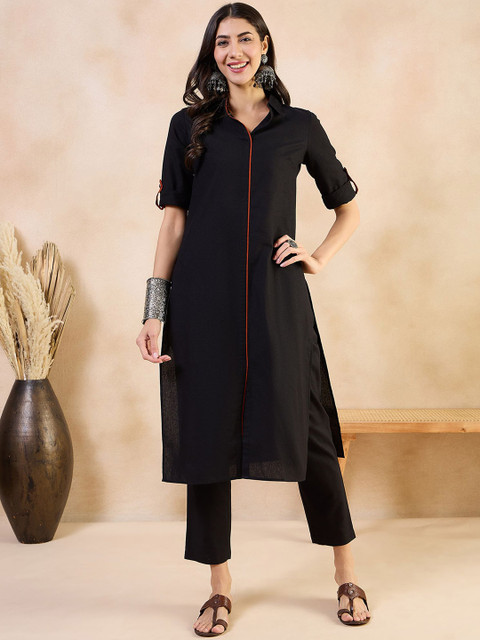 Anouk Black Roll-Up Sleeves Pure Cotton Straight Kurta With Trouser - Image 4