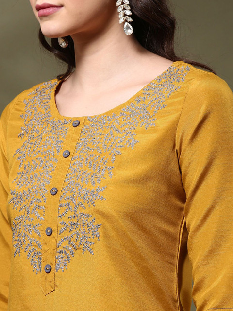 Anouk Floral Yoke Design Round Neck Thread Work Straight Kurta - Image 3