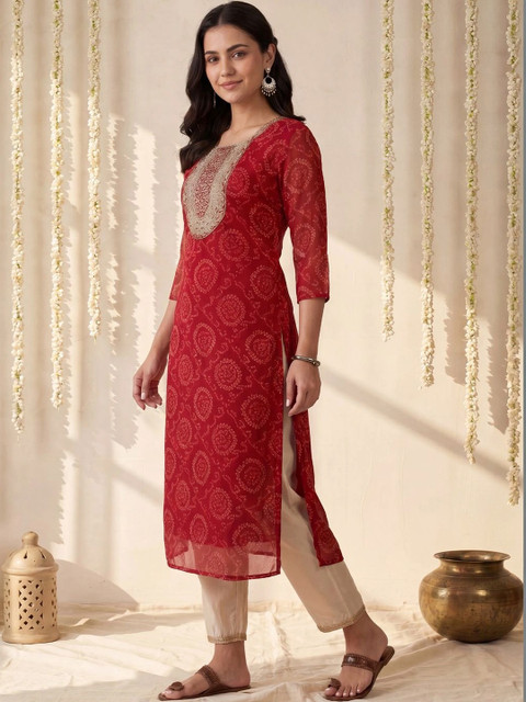 Indo Era Women Ethnic Motifs Printed Zardozi Georgette Kurta - Image 3