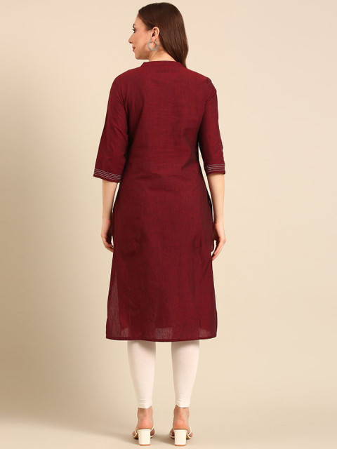 Anouk Notched Neck Thread Work Pure Cotton Straight Kurta - Image 5