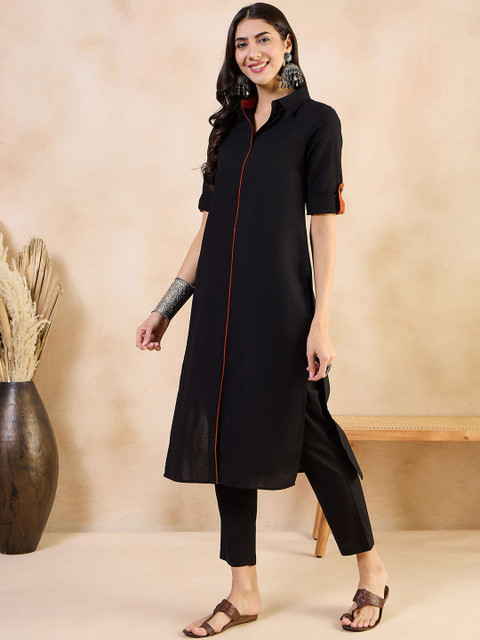 Anouk Black Roll-Up Sleeves Pure Cotton Straight Kurta With Trouser - Image 2