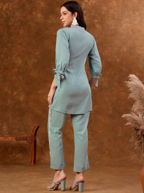 Anouk Blue Embroidered Silk Blend Tunic With Trousers - Image 5