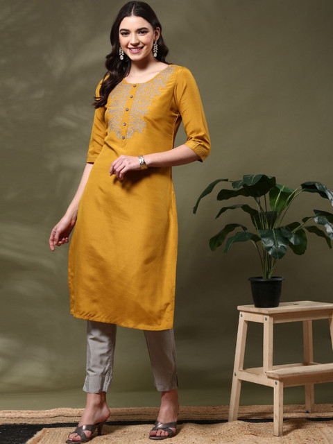 Anouk Floral Yoke Design Round Neck Thread Work Straight Kurta - Image 7