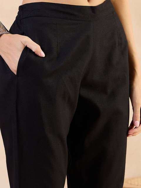 Anouk Black Roll-Up Sleeves Pure Cotton Straight Kurta With Trouser - Image 3