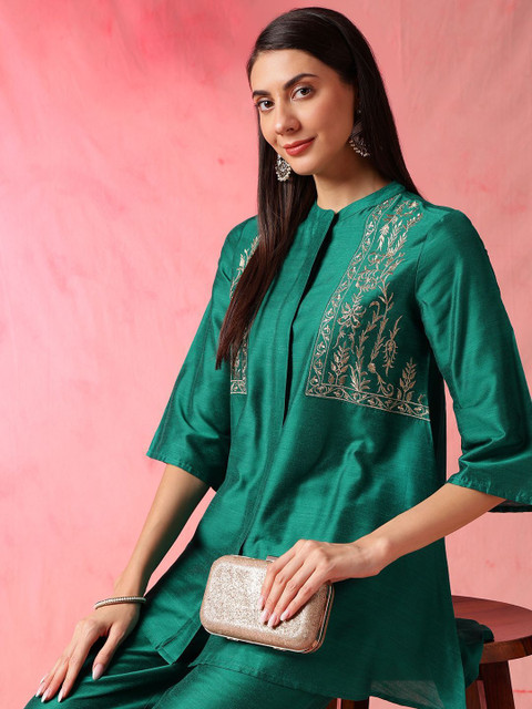 Anouk Women Embroidered Mandarin Collar Kurta With Palazzos Co-Ords Set - Image 6