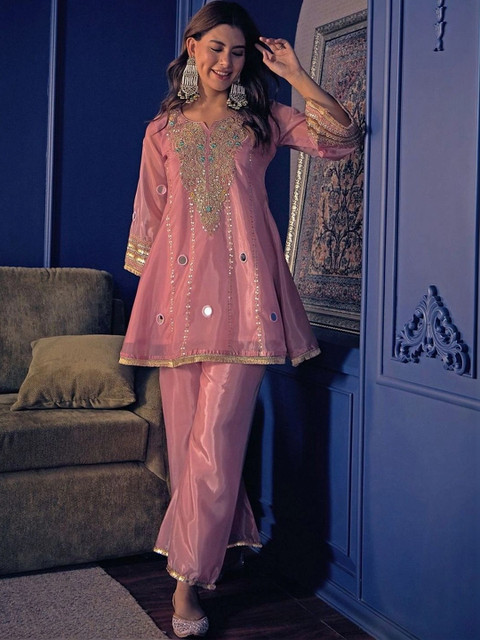 TASRIKA Women Ethnic Motifs Embroidered Regular Mirror Work Kurti with Trousers