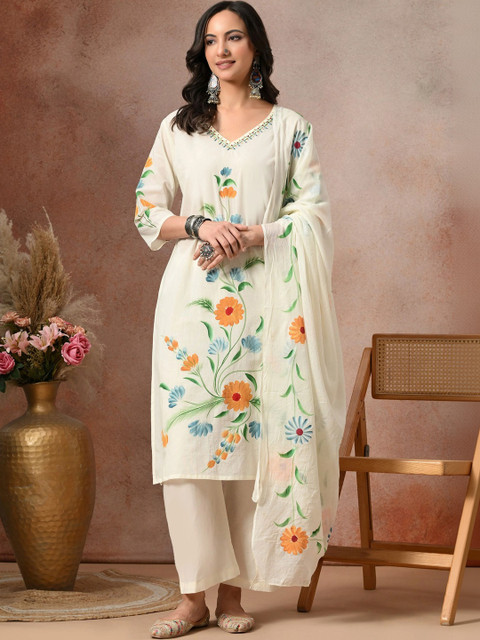 Anouk Women Floral Printed Regular Thread Work Pure Cotton Kurta with Palazzos & With Dupatta