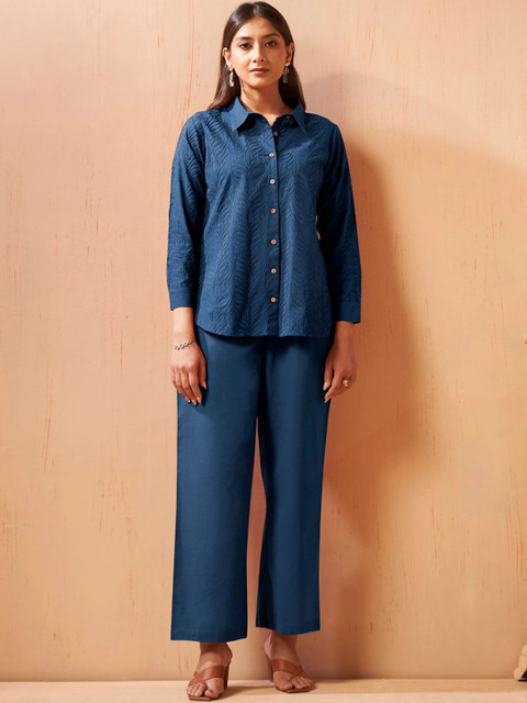 DRESOUL Schiffli Cotton Self Design Shirt with Trousers
