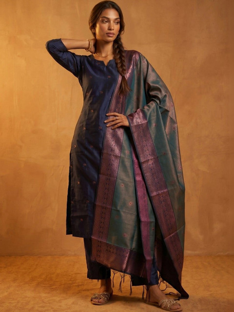 KINDA DESI Women Ethnic Motifs Embroidered Regular Kurta with Trousers & With Dupatta