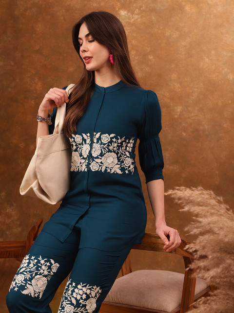 Anouk Blue Embroidered Tunic With Trousers Co-Ords - Image 5