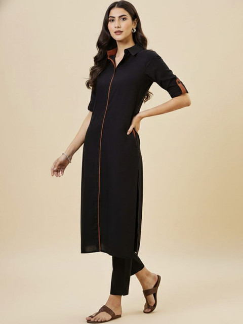 Anouk Black Roll-Up Sleeves Pure Cotton Straight Kurta With Trouser