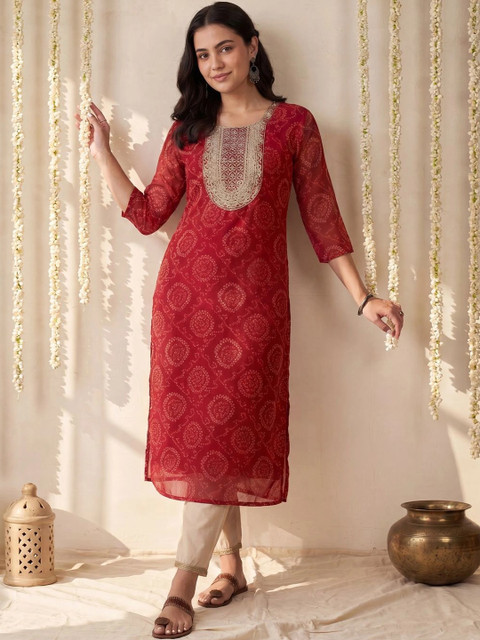 Indo Era Women Ethnic Motifs Printed Zardozi Georgette Kurta
