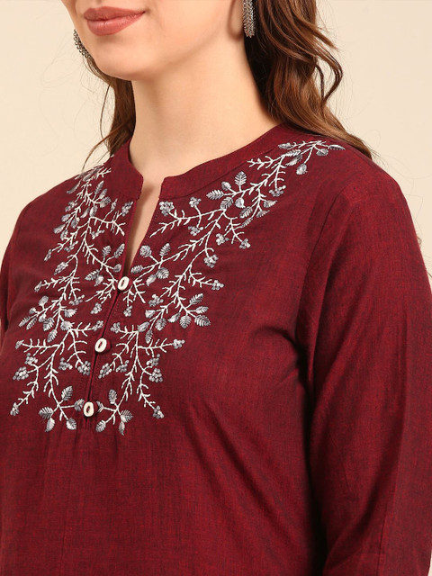 Anouk Notched Neck Thread Work Pure Cotton Straight Kurta - Image 2