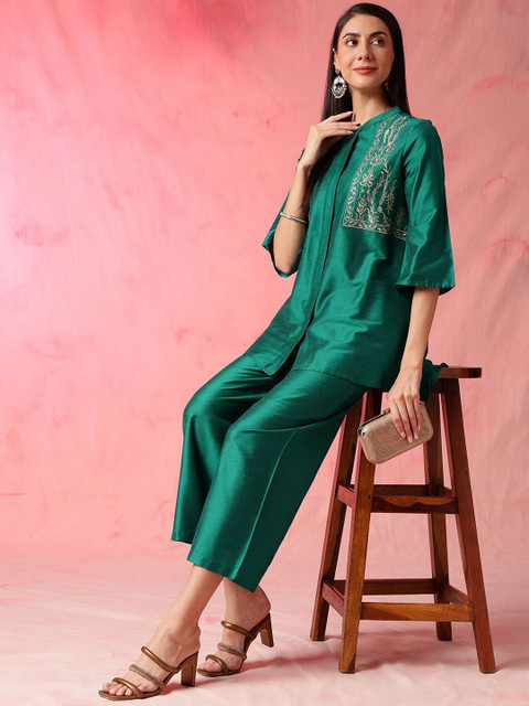 Anouk Women Embroidered Mandarin Collar Kurta With Palazzos Co-Ords Set - Image 5