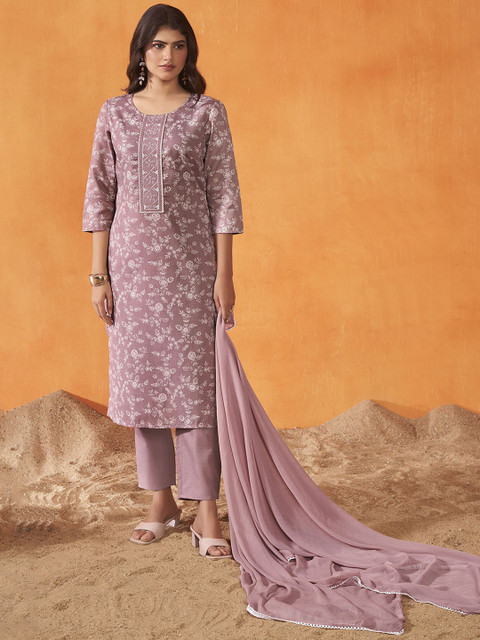 Anouk Floral Printed Thread Work Kurta Trousers & Dupatta