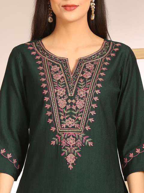 Anouk Floral Yoke Design Notch Neck Straight Kurta - Image 3