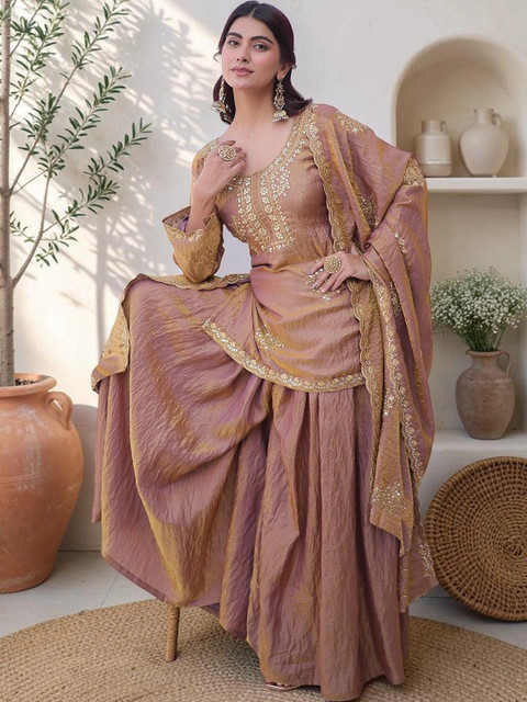 Sangria Women Ethnic Motifs Embroidered Regular Kurta with Sharara & With Dupatta