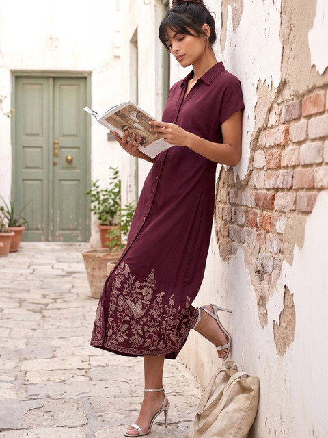 Colour Me by Melange Floral Print Shirt Midi Dress