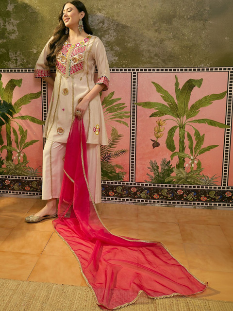 Sangria Women Ethnic Motifs Embroidered Regular Mirror Work Kurta with Trousers & With Dupatta - Image 4