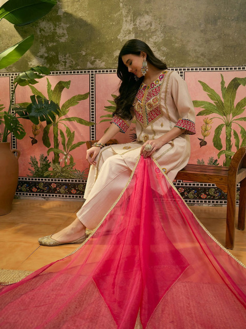Sangria Women Ethnic Motifs Embroidered Regular Mirror Work Kurta with Trousers & With Dupatta - Image 7
